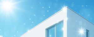 光触媒コーティングをイメージした白い外壁と窓ガラスの建物｜ワンエココートNFE2