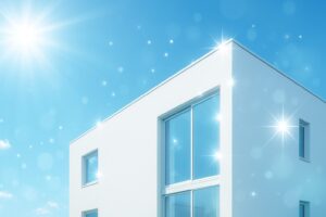 光触媒コーティングをイメージした白い外壁と窓ガラスの建物｜ワンエココートNFE2