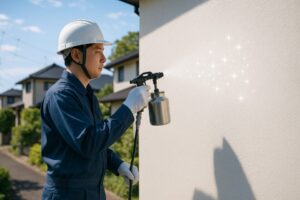 明石市での光触媒コーティング施工中の様子。外壁に透明な保護層を形成し、汚れやカビを防ぐ安心施工。