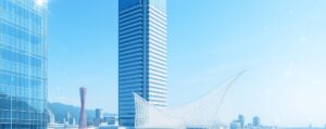 神戸市の光触媒コーティングをイメージしたオフィスビルと街並みの外観